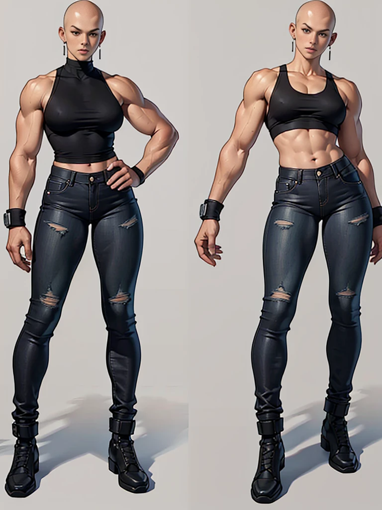 ((best quality)), ((4k)), ((highres)), ((masterpiece:1.2)). ((detailed)), ((ultra realistic)), ((intricate details)), ((full body picture)), ((character design sheet)), ((blank background)), ((standing in a blank background)), a full body shot of a bald female, bald woman, muscular woman, muscular arms, mucular legs, about 5'8 tall, about 25 years old, dressed in a tank top and black jeans pants,