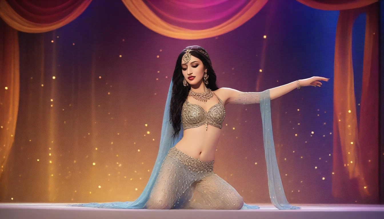 Depict a magnificent belly dancer performing on an exotic stage. She is adorned in a sparkling costume, with Middle Eastern-style decorations in the background. Her movements are mesmerizing, captivating the audience with her beauty.
