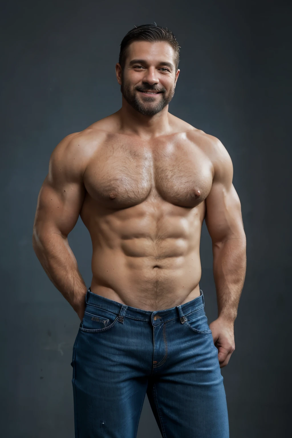 Award-winning original photoen, 30 years old man and wild muscular man, 40 years old, short beards, burly, hunk, (((shirtless))), smilling happil, detailed, lovely, ((full body)), (((blue jeans)))