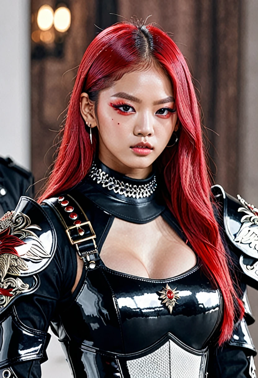 Jennie blackpink in black armor with red white hair and red eyes full body 