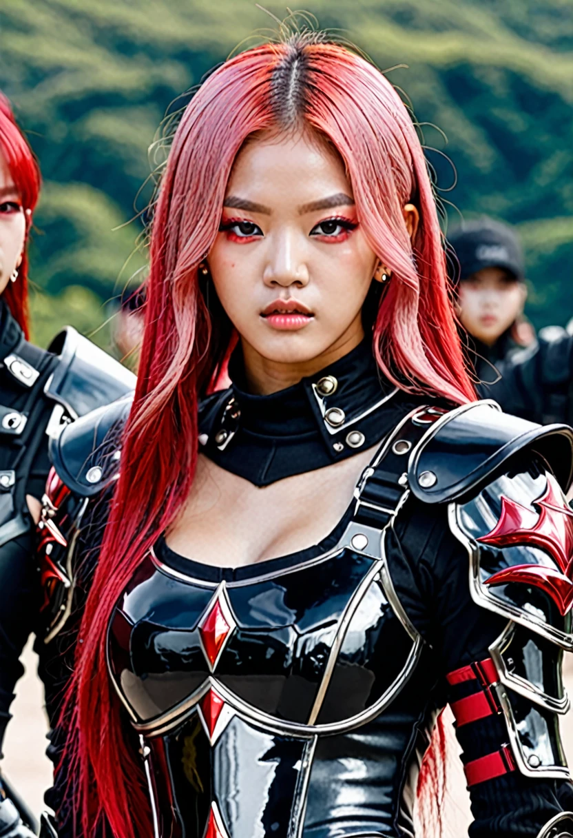 Jennie blackpink in black armor with red white hair and red eyes