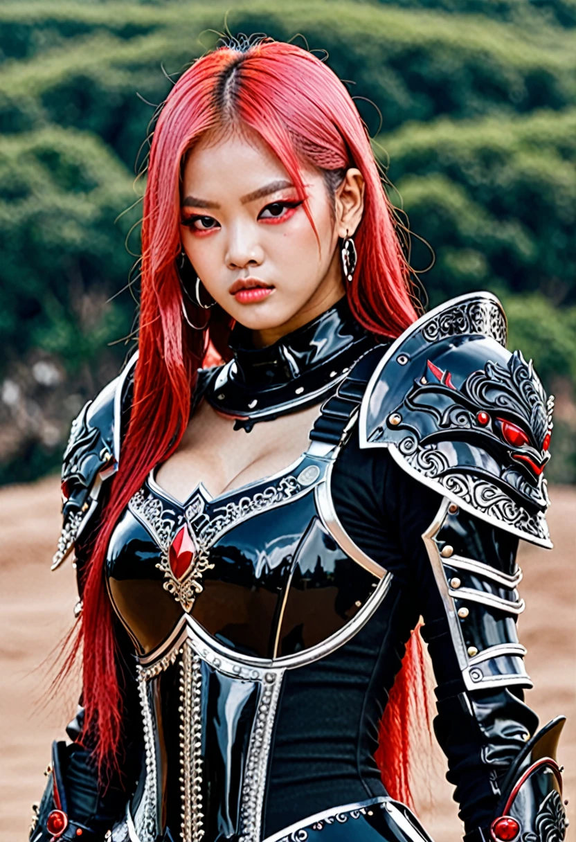 Jennie blackpink in black armor with red white hair and red eyes