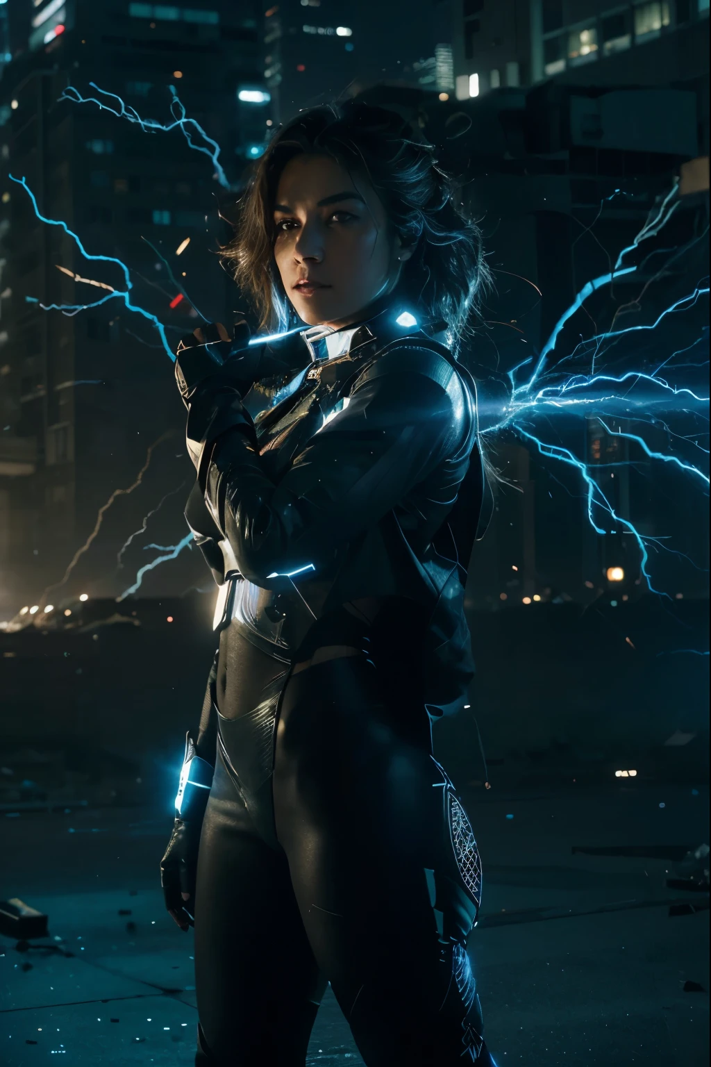 (Best quality, 8k, 32k, Masterpiece, UHD:1.2), "Transform the scene to a high-tech, futuristic cityscape where a powerful character stands at the center, emitting lightning, energy, and power. Picture a night filled with towering skyscrapers adorned with neon lights and holographic billboards. The sky glows with the electric hues of a bustling, advanced metropolis.
In the middle of this urban environment, the character stands as a beacon of raw energy. Bolts of lightning crackle and dance around her, illuminating her figure with flashes of blue and white light. Her eyes glow with an intense, otherworldly light, reflecting her immense power. Energy pulses from her body in waves, distorting the air and causing nearby electronic devices to flicker and spark.
The ground beneath her feet is scorched and cracked, showing the sheer intensity of her power. Surrounding buildings and vehicles vibrate slightly, affected by the energy she exudes. The atmosphere is charged, with the scent of ozone filling the air and the distant sound of electricity buzzing.
Capture the dynamic interplay of light and shadow as the energy she emits illuminates the scene. Highlight the contrast between the advanced, technological setting and the raw, elemental power of the character, creating a sense of awe and tension."