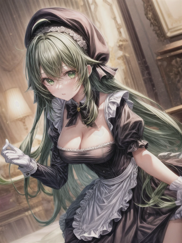 1girl, HOHOO, LONG HAIR, GREEN HAIR, HAIRORNAMENT, ANIMAL EARS, GREEN EYES, JEWELRY, BERET, AHOGE, MAID DRESS, gloves, Masterpiece, Best Quality, High Resolution, 8k