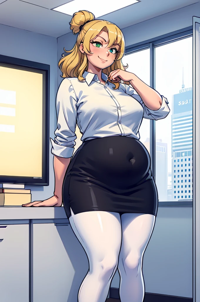 Nalgona with wide hips and big legs, blonde hair tied in pigtails, He is in the office and is wearing a tight office shirt, hairy Pussy, Red lips