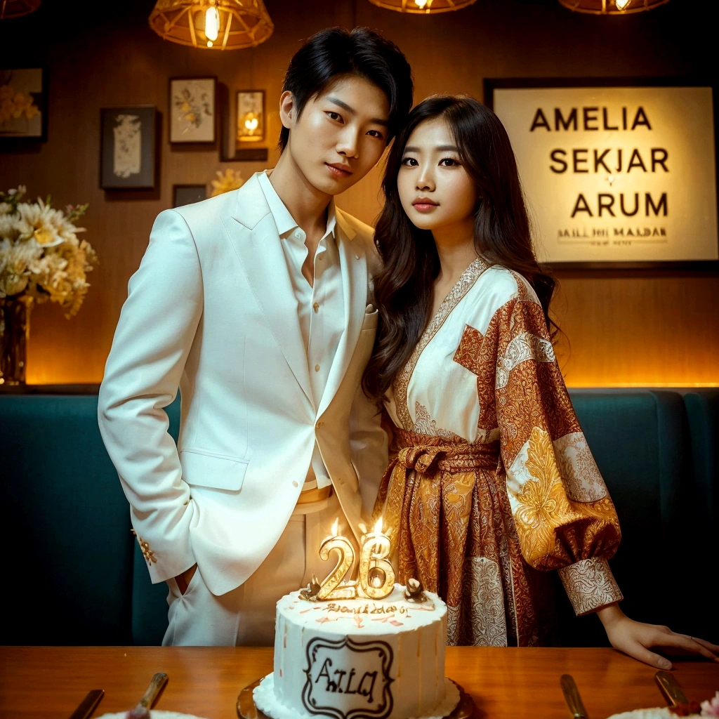 couple photo of an Asian man with wearing a white suit with an Asian girl yellow dress batik with long hair, with an cake happy birthday "26" and logo " Amelia Sekar Arum", amazing photo shoot, very beautiful photo, birthday photo, romantic couple,full body, background logo "Amelia Sekar Arum", high detail, uhd