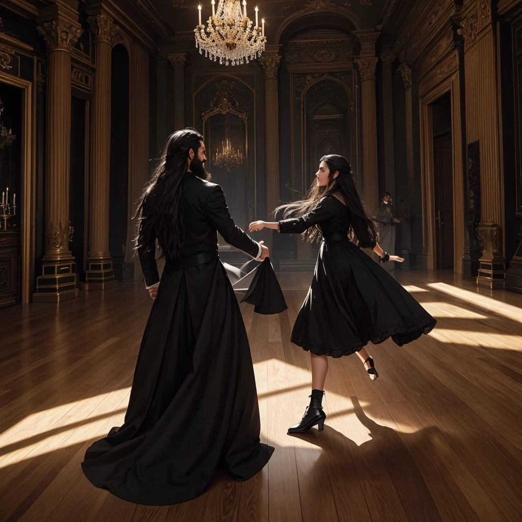 Create an artwork of a black-walled Victorian castle and a hall adorned with beautiful furniture, In the middle of the room there is a couple dancing, the man is wearing black clothing characteristic of the time, his long medium hair and his beard black as night reveal the maturity of the man, the woman also in period clothes, your black skin is bathed in the light of the place, long hair flies with the dance movement