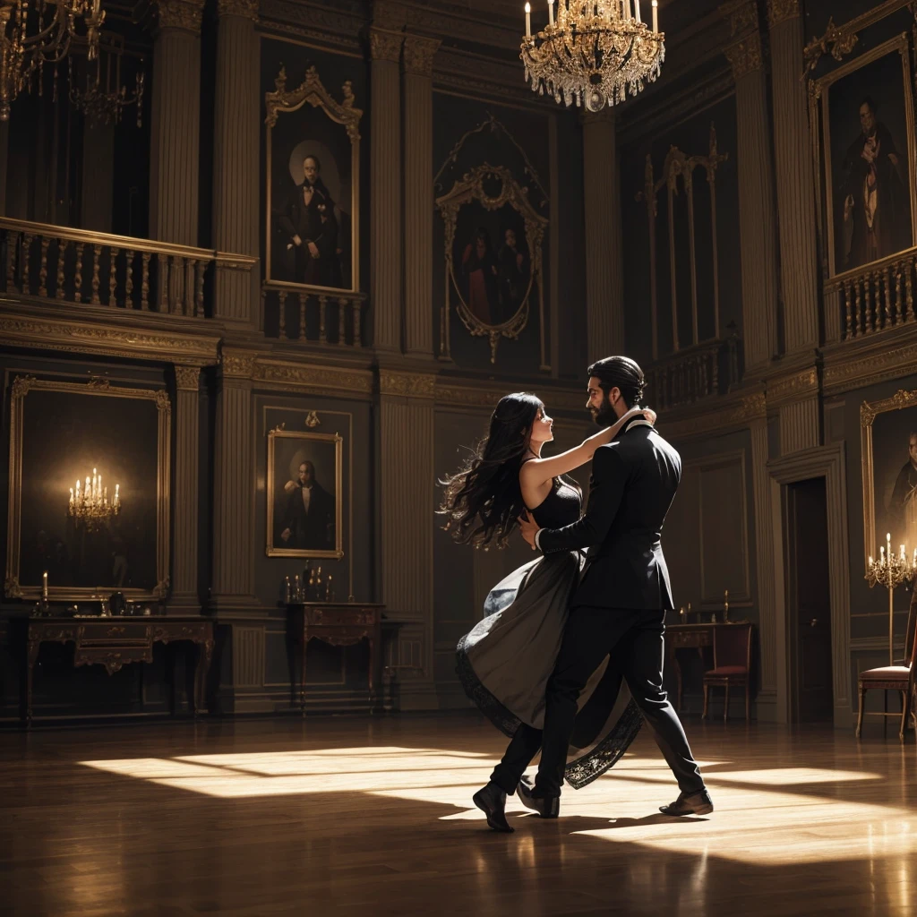 Create an artwork of a black-walled Victorian castle and a hall adorned with beautiful furniture, In the middle of the room there is a couple dancing, the man is wearing black clothing characteristic of the time, his long medium hair and his beard black as night reveal the maturity of the man, the woman also in period clothes, your black skin is bathed in the light of the place, long hair flies with the dance movement