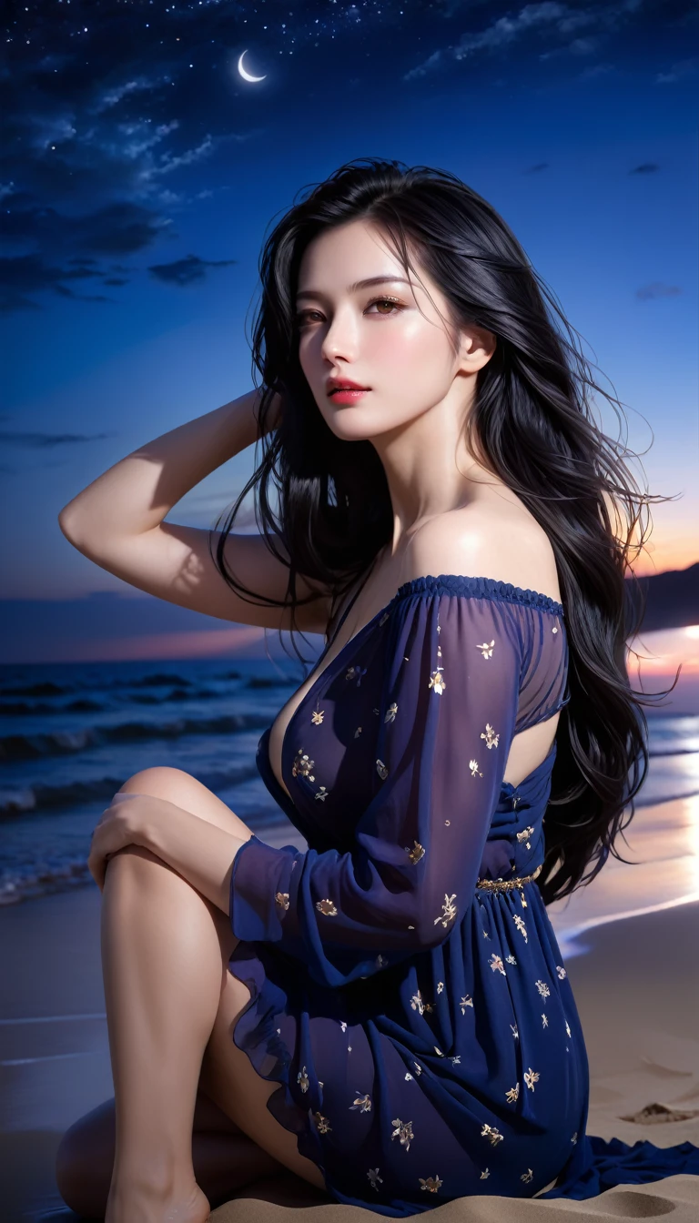 4K resolution, 8K resolution, beautiful, Highest quality, Absolutely wonderful, Very detailed, Ultra-high resolution, masterpiece, RAW Photos, Realistic, Depth of written boundary, Cinematic Light,
One elegant mature woman,
Long black hair, 精巧なディテールのbeautiful顔, Sensual look, Heavy eye make-up, Transparent white skin, Very sensitive skin, Great proportions, Glamorous Body, Anatomically correct body,
Beach Dresses, Summery design, Beautifully detailed pattern, Detailed cloth texture,
(Night sky background:1.1), (Dark sandy beach at night:1.1),
Cinematic Angle,