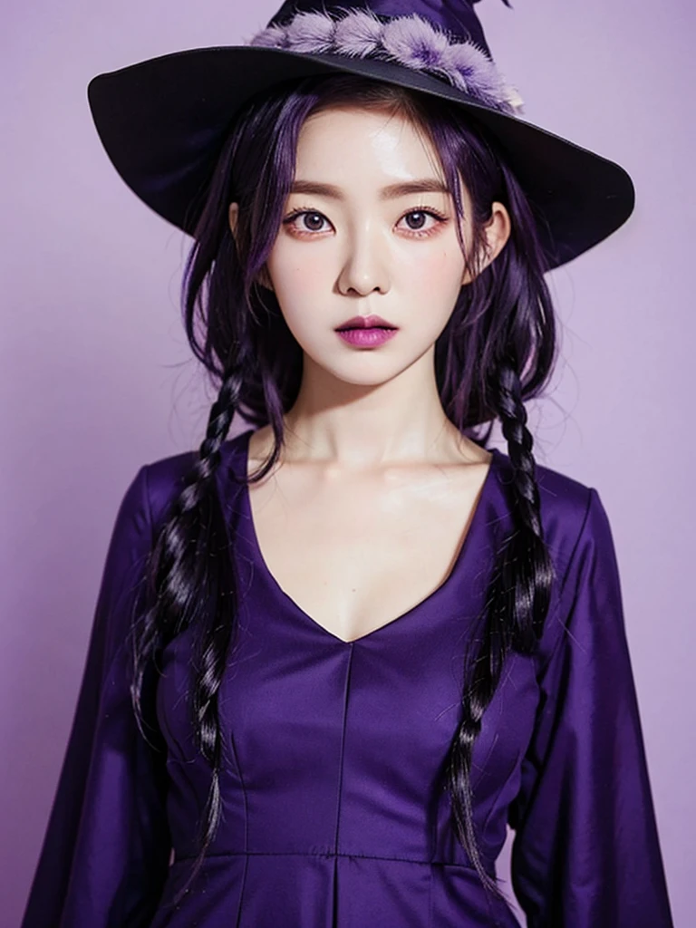 1girl, Asian girl, portrait, purple hair, short hair, curly hair with a fringe, witch hat, witch dress, purple lips, purple background