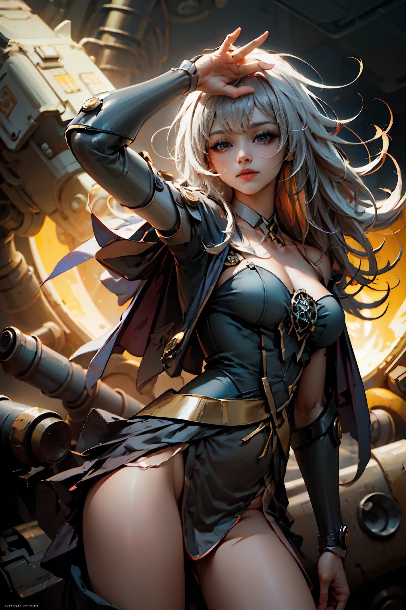 Masterpiece, The best quality,
1Girl Dark Wizard Gils, only, long hair, blond hair, photorealistic, 
(Beautiful finely detailed eyes: 1.2),open clothing, bright Eyes, shiny hair, Glossy skin, Metal construction, wires and cables, (bright Eyes), (mechanical arms), Science fiction,(Large mecha arm),cowboy shot, energy tank,