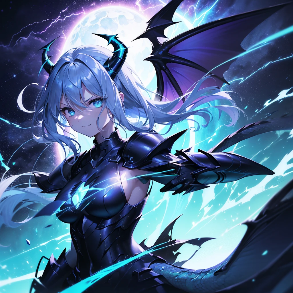 (Blue horn glowing with green lightning:1.7),(Two glowing blue dragon horns:1.3),(Long black hair that glows blue:1.3),Messy straight hair,(Face Focus:1.3),(Slim Face:1.3), (Blue lightning background:1.3),(angry,Smile:1.3) ,(tiny chest:1.0),(Lip close-up:1.3),(dragon knight:1.3), (Two big dragon wings:1.7), (Dressed in the armor of the Purple Dragon Knight:1.3), (complex armour:1.3), (The dragon:1.3),Starry skies and a vortex of light enveloped her, Canon 5D, 85 mm, depth of fields, 8K, ultra sharpness, nffsw, octane, Unreal, Dramatic light, Global Illumination,Motion Picture Film,rainbow,lensflare,(brue eyes:1.3),extremely detailed eye,(Purple Thunder Wave Art:1.3),(Fantasia:1.3),(Agfacolor:1.3),(close portrait:1.3),(Feminine:1.4),(Beautiful:1.4),(Attractive:1.3),Move an angle,perfectly detailed eyes,Themed Background,A completely huge dragon kills a partisan、(Armed combat action:1.3)
