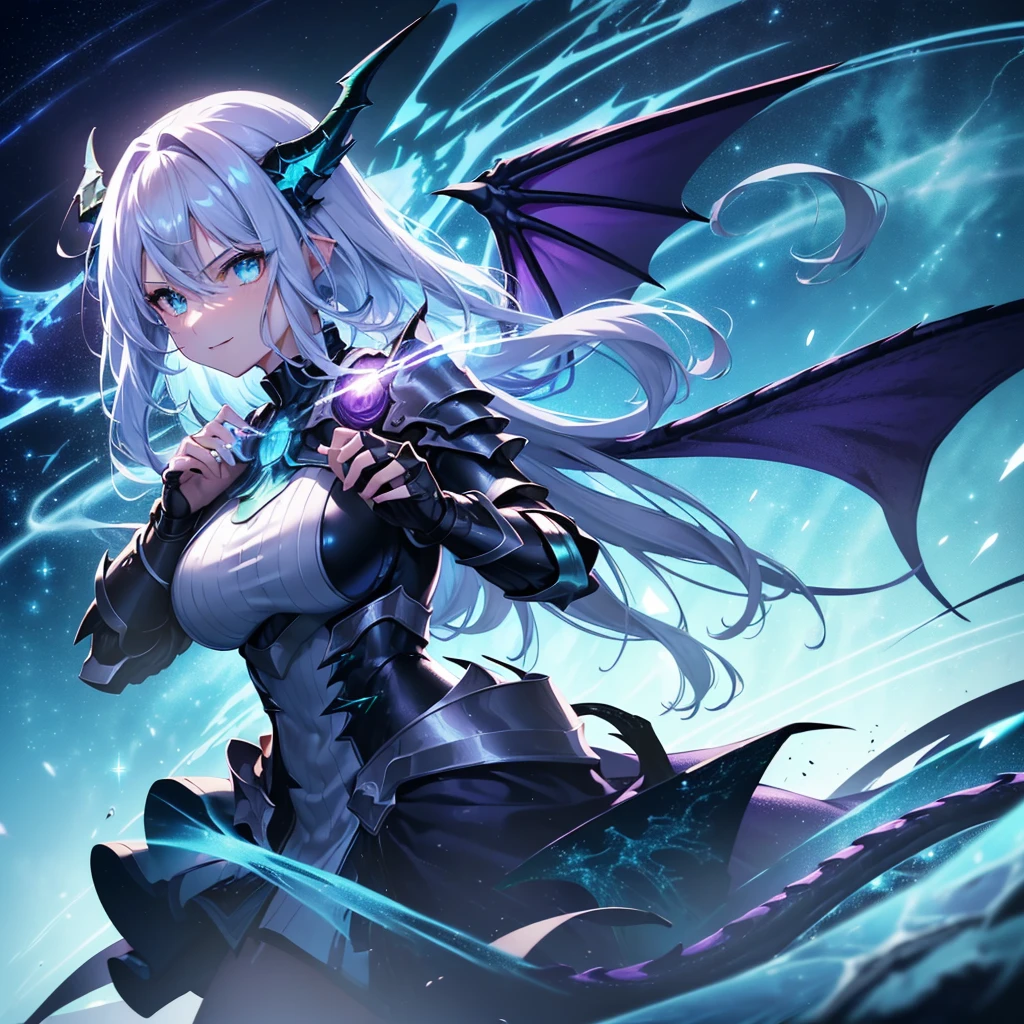 (Blue horn glowing with green lightning:1.7),(Two glowing blue dragon horns:1.3),(Long black hair that glows blue:1.3),Messy straight hair,(Face Focus:1.3),(Slim Face:1.3), (Blue lightning background:1.3),(angry,Smile:1.3) ,(tiny chest:1.0),(Lip close-up:1.3),(dragon knight:1.3), (Two big dragon wings:1.7), (Dressed in the armor of the Purple Dragon Knight:1.3), (complex armour:1.3), (The dragon:1.3),Starry skies and a vortex of light enveloped her, Canon 5D, 85 mm, depth of fields, 8K, ultra sharpness, nffsw, octane, Unreal, Dramatic light, Global Illumination,Motion Picture Film,rainbow,lensflare,(brue eyes:1.3),extremely detailed eye,(Purple Thunder Wave Art:1.3),(Fantasia:1.3),(Agfacolor:1.3),(close portrait:1.3),(Feminine:1.4),(Beautiful:1.4),(Attractive:1.3),Move an angle,perfectly detailed eyes,Themed Background,A completely huge dragon kills a partisan、(Armed combat action:1.3)