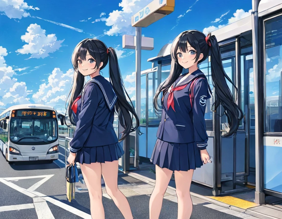 Black long hair、Two beautiful girls with twin tails、Sailor suit、Bright smile、Full Body View、Waiting for a bus at the bus stop、I can see the bus、White clouds in blue sky、Face Highlights