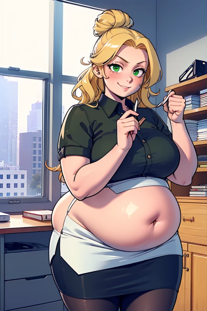 ((high aesthetic, art by BetterWithSalt)), 1girl, wavy blonde hair, hair in a bun, green eyes, black pencil skirt, dress shirt, (pantyhose), cute smile, ((plump)), [stuffed_belly], (cowboy shot), fancy office background with lots of windows, (best quality, masterpiece)
