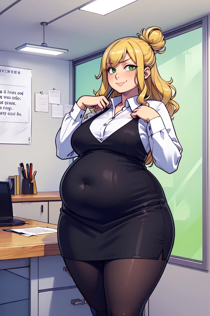 ((high aesthetic, art by BetterWithSalt)), 1girl, wavy blonde hair, hair in a bun, green eyes, black pencil skirt, dress shirt, (pantyhose), cute smile, ((plump)), [stuffed_belly], (cowboy shot), fancy office background with lots of windows, (best quality, masterpiece)
