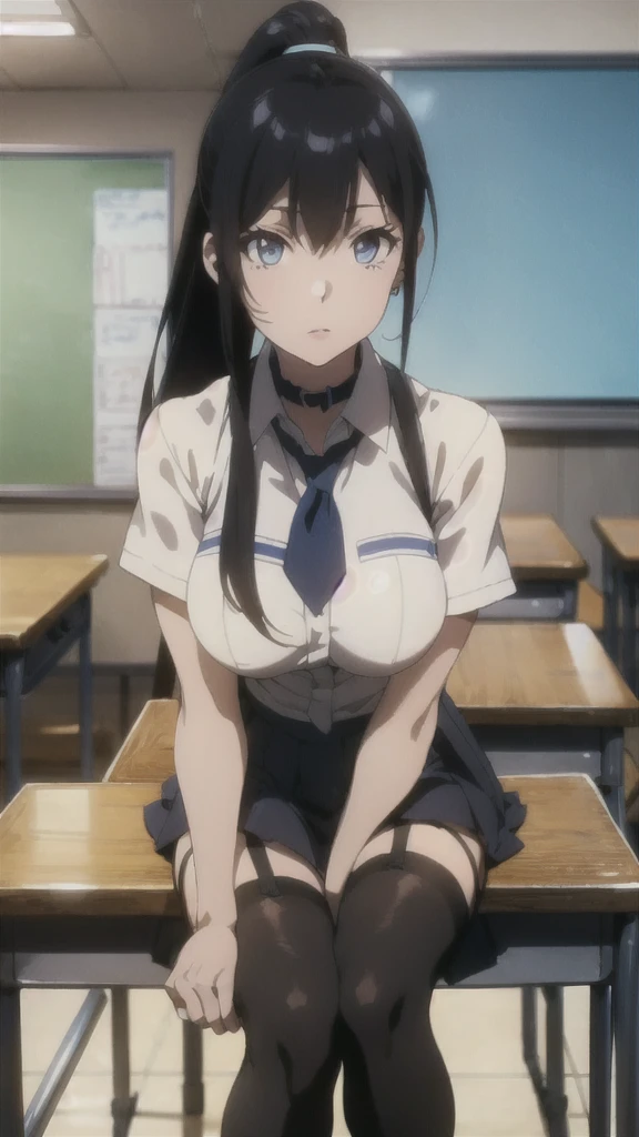 ((Correct Anatomy))、(Female student)、((school uniform))、((Short sleeve))、(Mini Pleated Skirt),(((Black Stockings))),((garter belt)),((School classroom)),Ultra-high resolution,Mature Woman, Mature Woman, Very detailed,Sunburned skin,Brown Skin, (Big Breasts),((Beautiful feet)),Perfect hands, Detailed fingers, Beautiful details, ((Long Hair)),((ponytail)),Black Choker, Earrings,Perfect Eyes, Captivating eyes