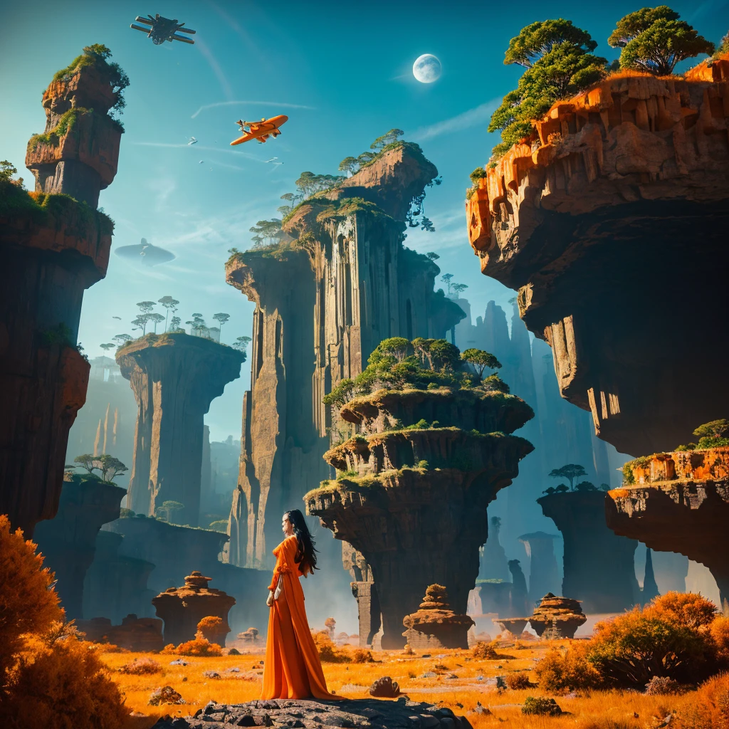 Create an 4D realistic image of a futuristic scene where a beautiful woman with long black hair in an orange futuristic outfit, stands in a lush rock, vibrant jungle. Above, large, detailed cargo spaceships hover amidst towering rock formations under a dark blue sky. The juxtaposition of advanced technology and pristine nature creates a striking and thought-provoking tableau.