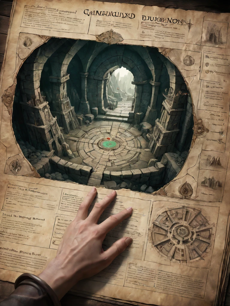 first person perspective looking at a diagram of a fantasy dungeon, traditional media, fantasy parchment, held, hands, anime screengrab, csu, cross-section, from the side, underground, burrow, fantasy landscape, national geographic, best quality, masterpiece,
