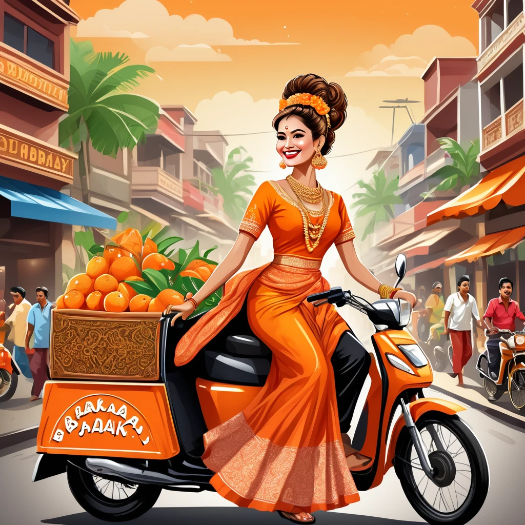 "Create an eye-catching digital illustration of a cheerful woman in traditional attire with large earrings and an elaborate hairstyle, riding an orange pedicab (bajaj) on a busy city street. The pedicab has a license plate that says 'BAJAK'. Include festive elements with a backdrop of city shops and other motorcyclists. Add the text 'Happy Birthday Djakarta' at the top to celebrate Jakarta's anniversary."