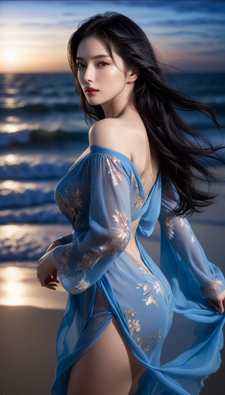 4K resolution, 8K resolution, beautiful, Highest quality, Absolutely wonderful, Very detailed, Ultra-high resolution, masterpiece, RAW Photos, Realistic, Depth of written boundary, Cinematic Light,
One elegant mature woman,
Long black hair, 精巧なディテールのbeautiful顔, Sensual look, Heavy eye make-up, Transparent white skin, Very sensitive skin, Great proportions, Glamorous Body, Anatomically correct body,
Beach Dresses, Summery design, Beautifully detailed pattern, Detailed cloth texture,
(Night sky background:1.1), (Dark sandy beach at night:1.1),
Cinematic Angle,