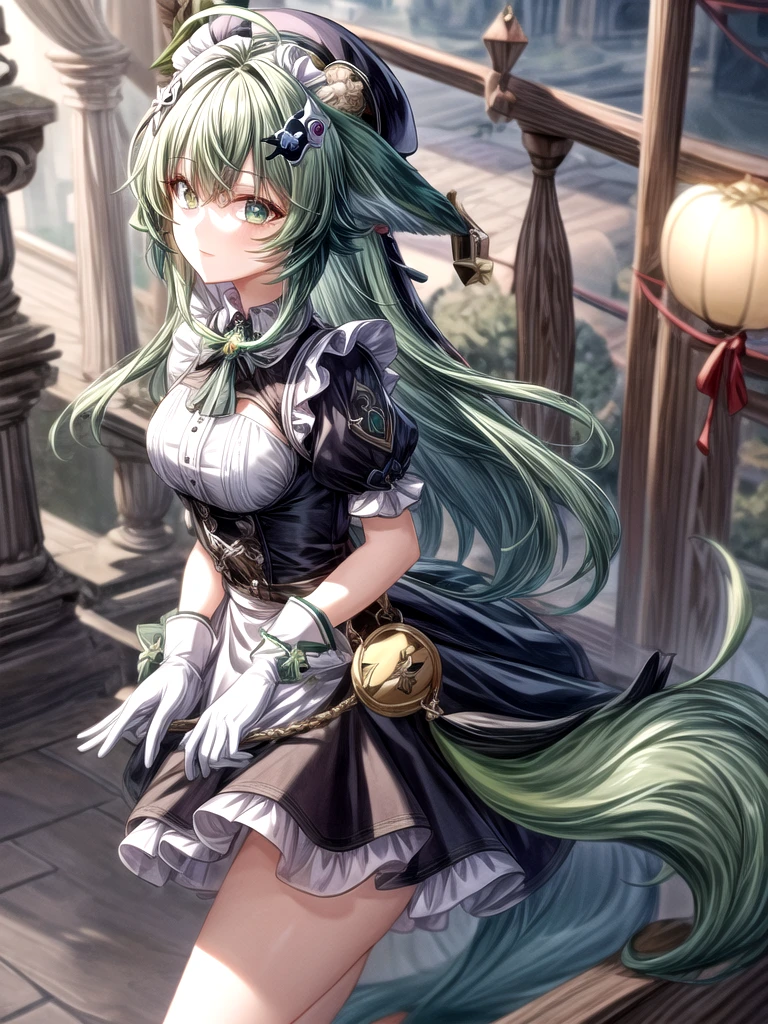  1girl, HOHOO, LONG HAIR, GREEN HAIR, HAIRORNAMENT, ANIMAL EARS, GREEN EYES, JEWELRY, BERET, AHOGE, MAID DRESS, gloves, Masterpiece, Best Quality, High Resolution, 8k