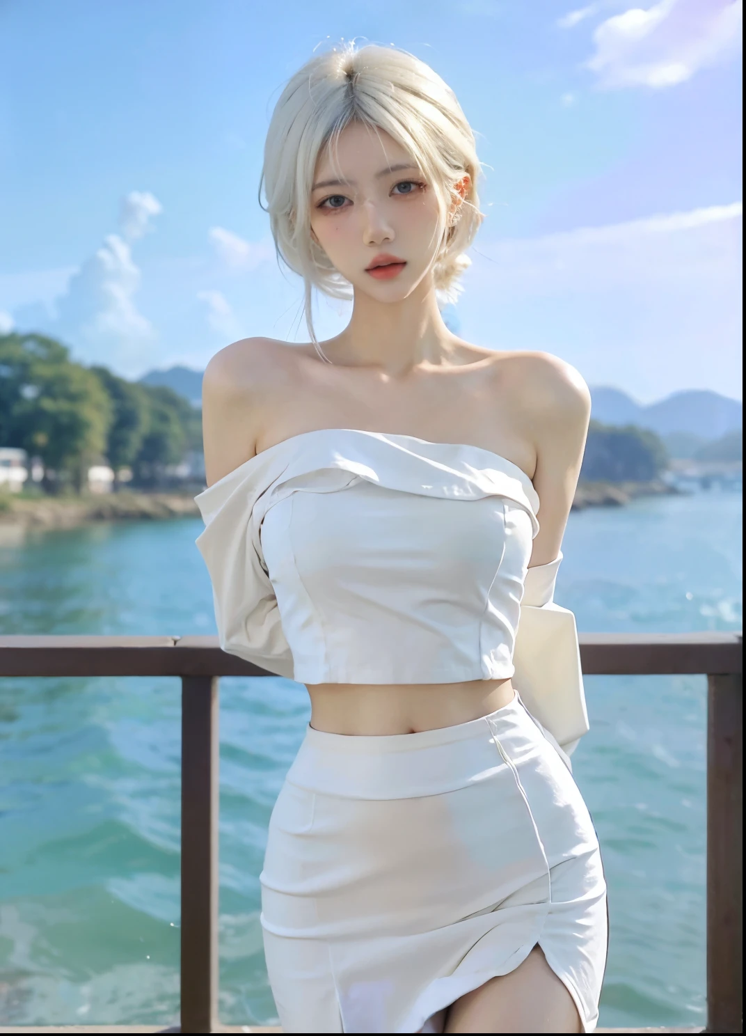 Beautiful woman with perfect figure:1.4,Ultra-high resolution,Put your hands behind your back,Ocean background,(Realism:1.4),perspective,Layered hairstyle,Snow white skin,JK:1.5,Super short pleated skirt,whole body:1.4,Very delicate and skin texture,Double eyelids,Skin Whitening,Long hair,White hair