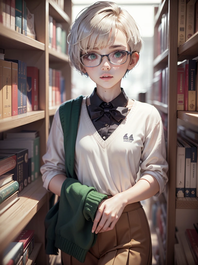 1girl, elegant bearing, small, slender build, short height, narrow shoulders, pale skin dotted by freckles, short platinum blonde hair, (((pixie cut hairstyle))), (((boyish hair))), (dark green eyes), silver glasses, cute facial features with an underlying elegance, thin lips, small breasts, youthful  girl, RAW photo, ((slim body: 1)), (HQ skin: 1.4), 8k uhd, dslr, soft light, high quality, ((school uniform, white clothes, gold accents, (looking at viewer:1.4), library