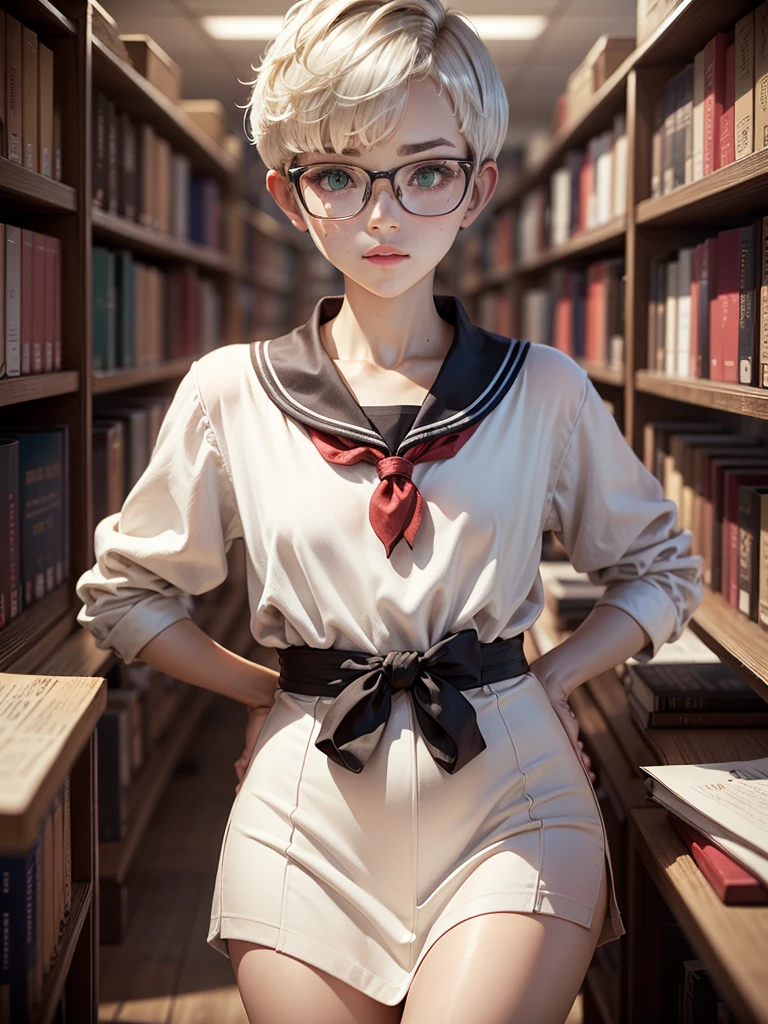 1girl, elegant bearing, small, slender build, short height, narrow shoulders, pale skin dotted by freckles, short platinum blonde hair, (((pixie cut hairstyle))), (((boyish hair))), (dark green eyes), silver glasses, cute facial features with an underlying elegance, thin lips, small breasts, youthful  girl, RAW photo, ((slim body: 1)), (HQ skin: 1.4), 8k uhd, dslr, soft light, high quality, ((school uniform, white clothes, gold accents, (looking at viewer:1.4), library