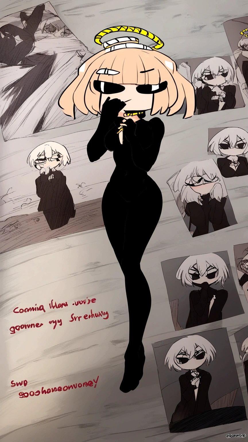 tall woman, 20 years, with white short hair, with turquoise eyes, in a black coat, in a black sweater, in black pants, in black boots, with size 5 breasts, On a black background, with an inflated body.