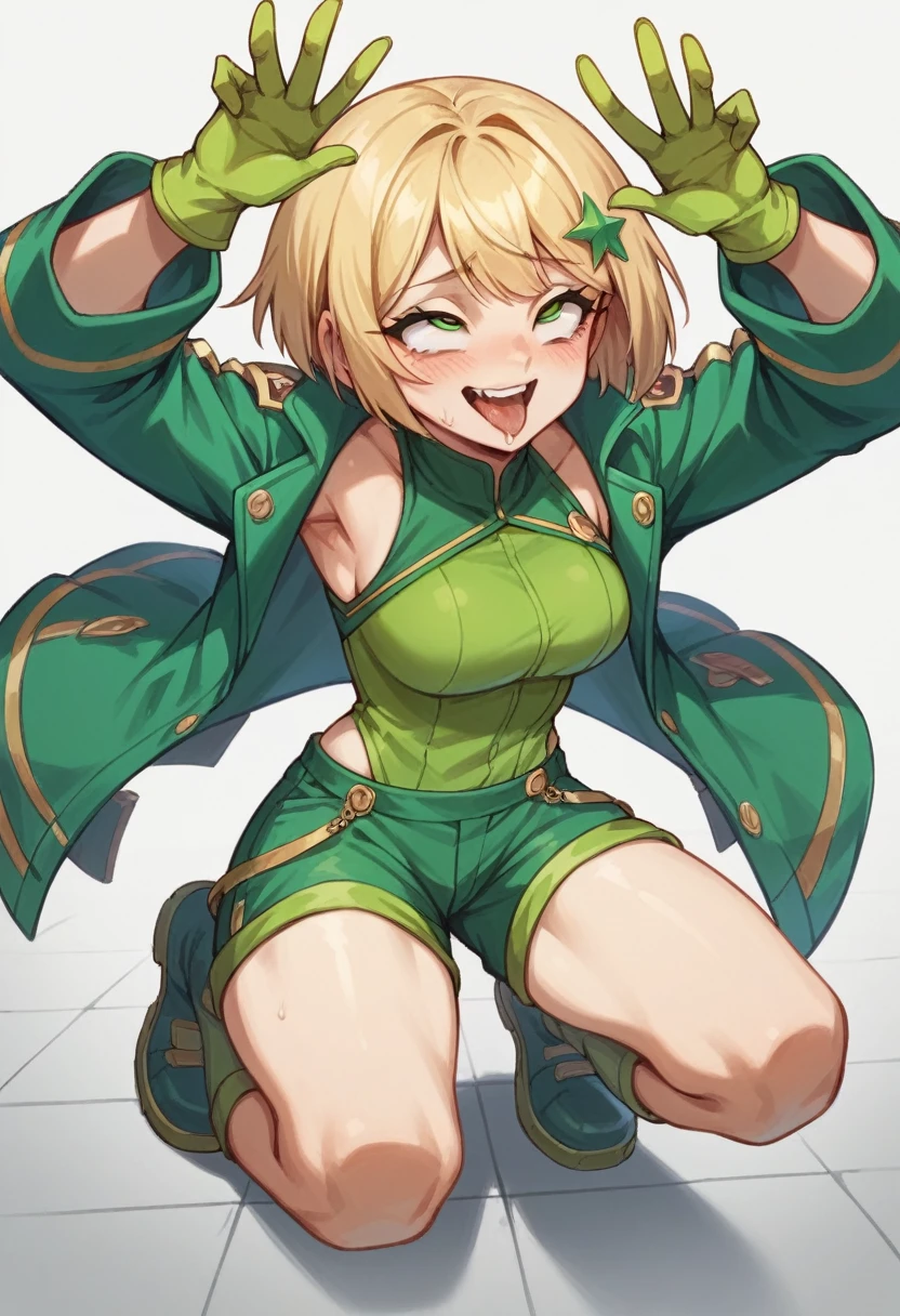 ,One girl,smile, View your viewers,  masterpiece,Highest quality,ahegao,motion_Line,Konam,green jacket, gloves, green shorts,green footwear,