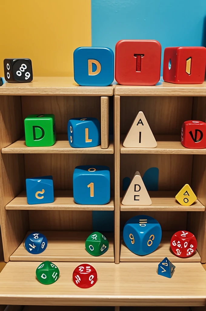 Two toy dice on stands with the letter d on one side