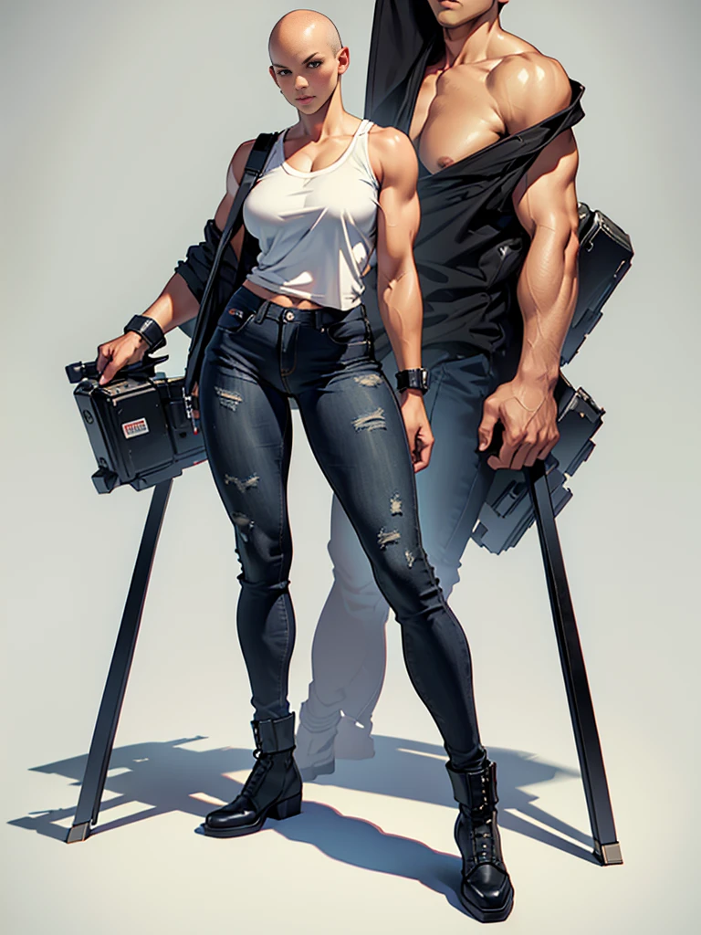 ((best quality)), ((4k)), ((highres)), ((masterpiece:1.2)). ((detailed)), ((ultra realistic)), ((intricate details)), ((full body picture)), ((character design sheet)), ((blank background)), ((standing in a blank background)), a full body shot of a bald female, bald woman, muscular woman, muscular arms, mucular legs, about 5'6 tall, about 25 years old, dressed in a tank top and black jeans pants,