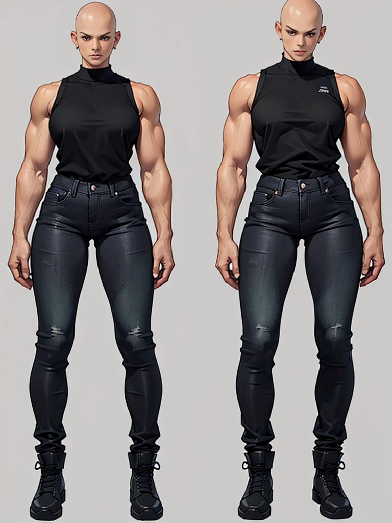 ((best quality)), ((4k)), ((highres)), ((masterpiece:1.2)). ((detailed)), ((ultra realistic)), ((intricate details)), ((full body picture)), ((character design sheet)), ((blank background)), ((standing in a blank background)), a full body shot of a bald female, bald woman, muscular woman, muscular arms, mucular legs, about 5'6 tall, about 25 years old, dressed in a tank top and black jeans pants,