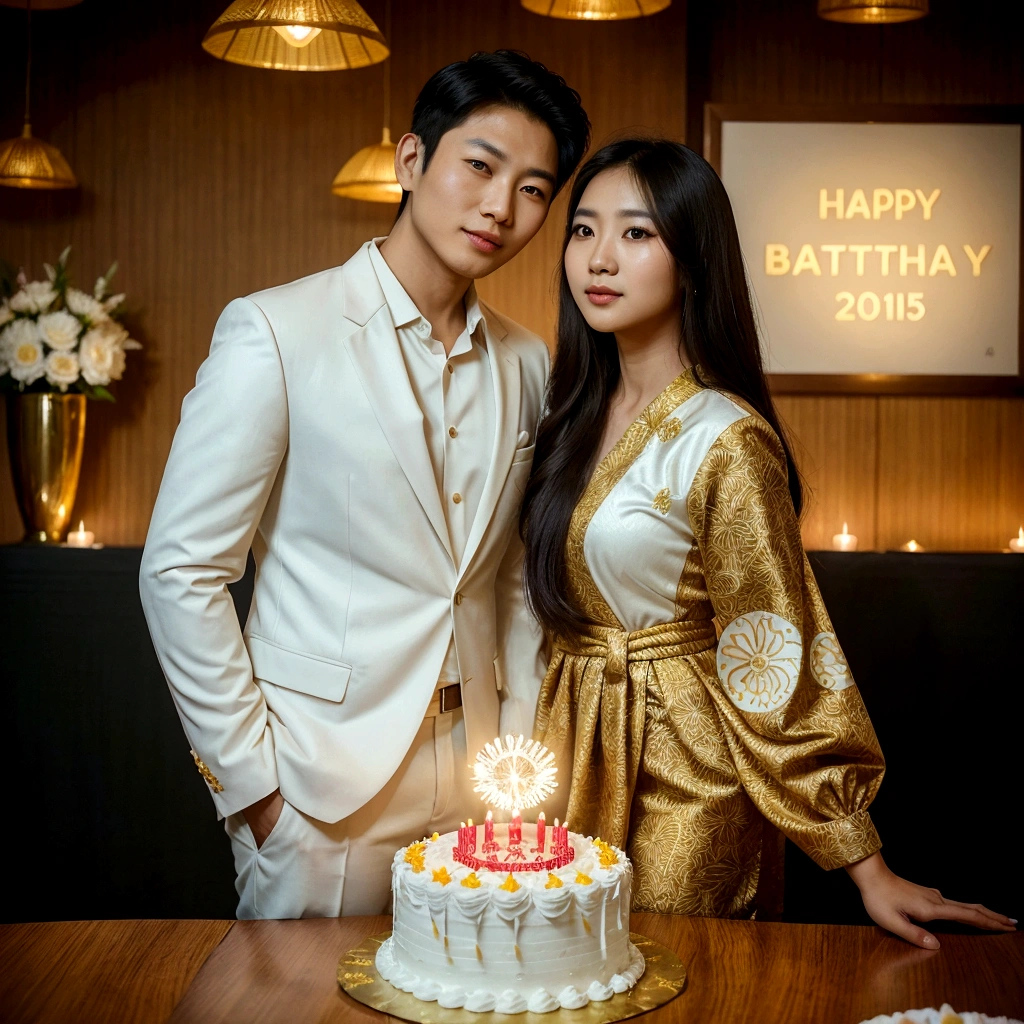 couple photo of an Asian man with wearing a white suit with an Asian girl yellow dress batik with long hair, with an cake happy birthday "26" and logo " Amelia Sekar Arum", amazing photo shoot, very beautiful photo, birthday photo, romantic couple,full body, background logo "Amelia Sekar Arum", high detail, uhd