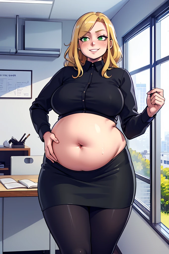 ((high aesthetic, art by BetterWithSalt)), 1girl, wavy blonde hair, hair in a bun, green eyes, black pencil skirt, dress shirt, (pantyhose), cute smile, (plump), [stuffed_belly], (cowboy shot), fancy office background with lots of windows, (best quality, masterpiece)

