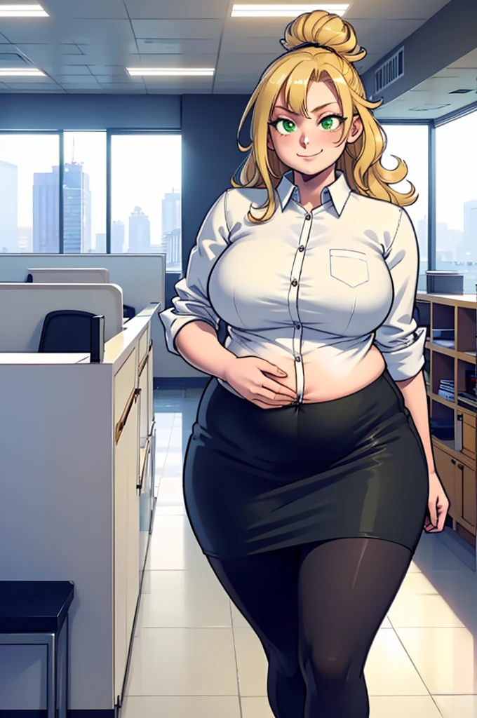 ((high aesthetic, art by BetterWithSalt)), 1girl, wavy blonde hair, hair in a bun, green eyes, black pencil skirt, dress shirt, (pantyhose), cute smile, (plump), [stuffed_belly], (cowboy shot), fancy office background with lots of windows, (best quality, masterpiece)
