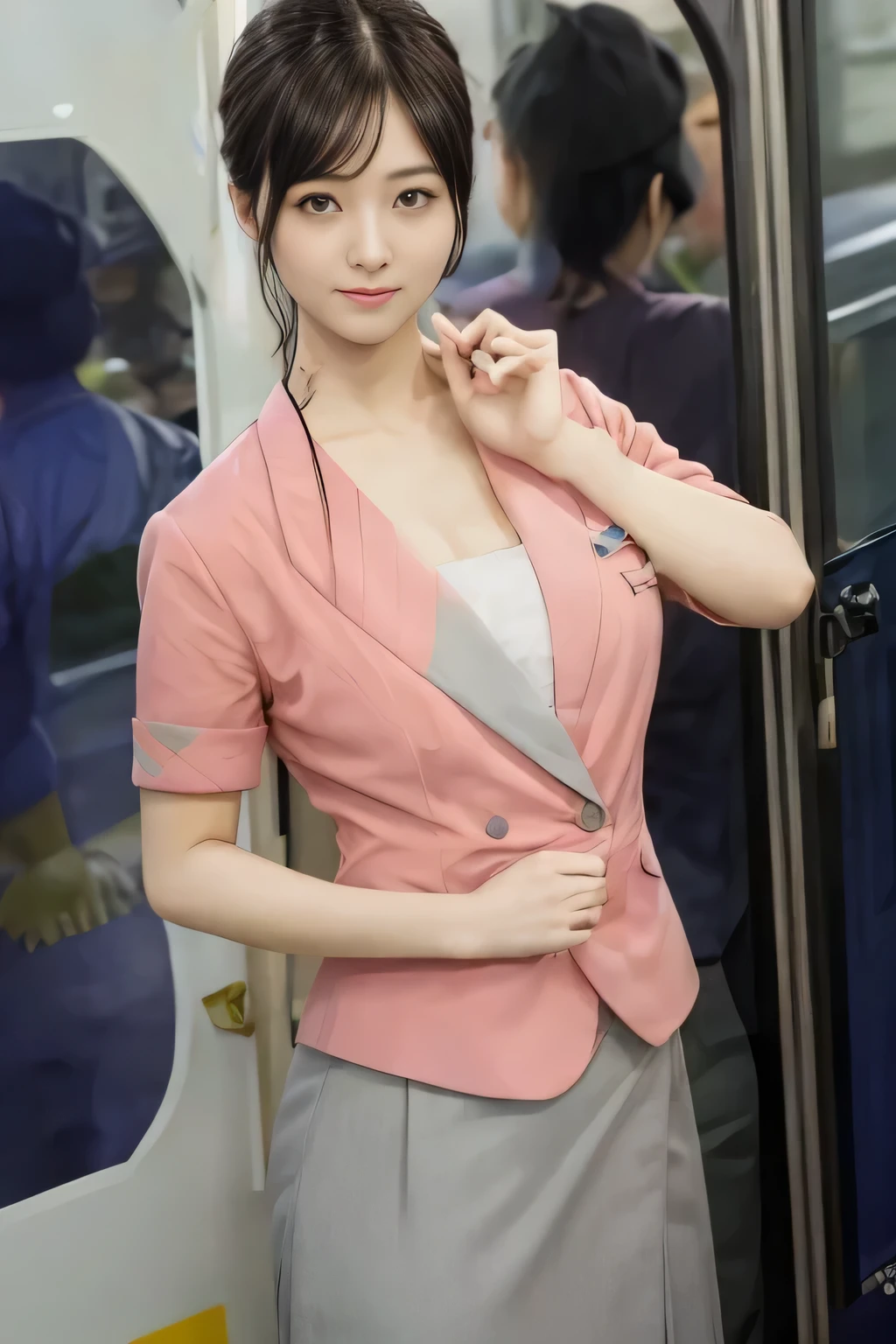(masterpiece:1.2, Highest quality:1.2), 32k HDR, High resolution, (alone、1 girl)、 (Height: 160cm)、（On the rooftop of a building in the daytime、Professional Lighting）、Building rooftop background、（Nankai train crew uniform pinkを着たリアルスタイル）、（Nankai train crew uniform pink short sleeve collarless pink jacket、Nankai Train Crew Uniform Pink Collarless Short Sleeve Blouse、Nankai Train Crew Uniform Pink Grey Knee-length Culottes）、（The pink jacket is showing from the culottes.）、Dark brown hair、（Long hair that goes up to the chest、Let your hair down）、Long Shot、Big Breasts、Thin legs、（（Great hands：2.0）），（（Harmonious body proportions：1.5）），（（Normal limbs：2.0）），（（Normal finger：2.0）），（（Delicate eyes：2.0）），（（Normal eyes：2.0））)、smile、（Nankai Train Crew Uniform Pink Grey Knee-length Culottesを見せた美しい歩く姿）、Place your hands around your stomach