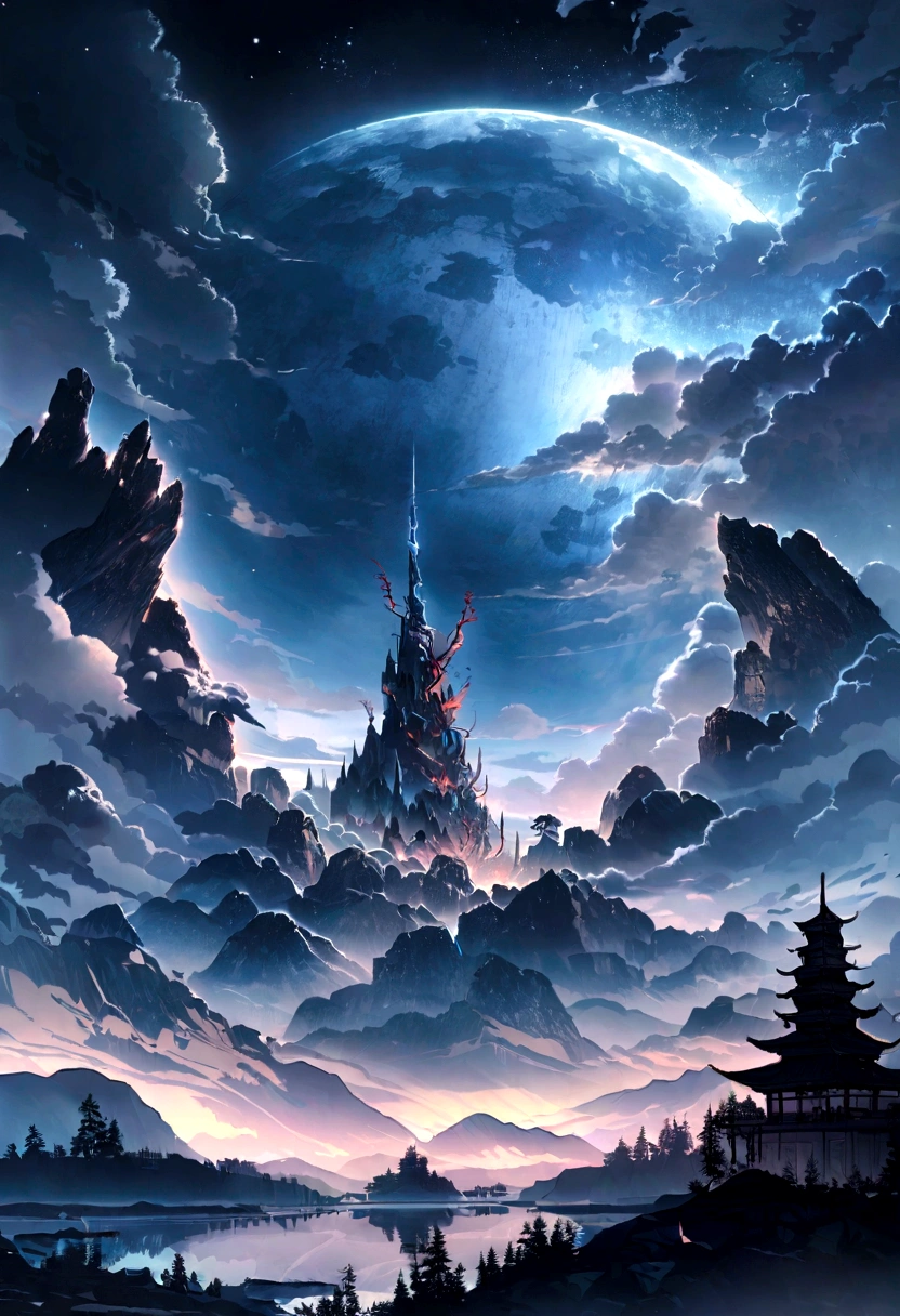 Starry Sky,Cosmooonの光,moon,Sky Sky,highlight,bright,bright,Gorgeous,Baiyun,yin and yang,Starlight Theorz,Chinese style,Orient,Art of high hills and rivers,Unified 8K resolution wallpapers,high quality,Realistic,High detail,Fantastic fantasy scenes,Extremely detailed drawings,landscape,Artistically,heal,small fresh style