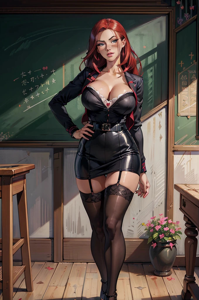 (Masterpiece, Best Quality, High Quality:1.4), professional artwork, Intricate Details, field of view, sharp focus, detailed painting, masterpiece, cinematic lighting, trending on pixiv, (vivid lighting, vibrant colors, by Nagasawa Rosetsu:1.05),
Hiroko Takashiro, (mature female, milf:1.1), solo, (curvy:1.1), standing near chalkboard, holding chalk, classroom, (full body shot:1.1),
(red hair:1.05), long hair, lipstick, makeup, ultra detail hair, ultra detail face, (purple eyes:1.05), perfect eyes, perfect face, earrings, (confused, blush:1.2),
shirt, jacket, (black thighhighs, garter belt:1.1), zettai ryouiki, pencil skirt, teacher uniform, highheels,
(Large Breasts:1.1), Cleavage, big ass, thighs,