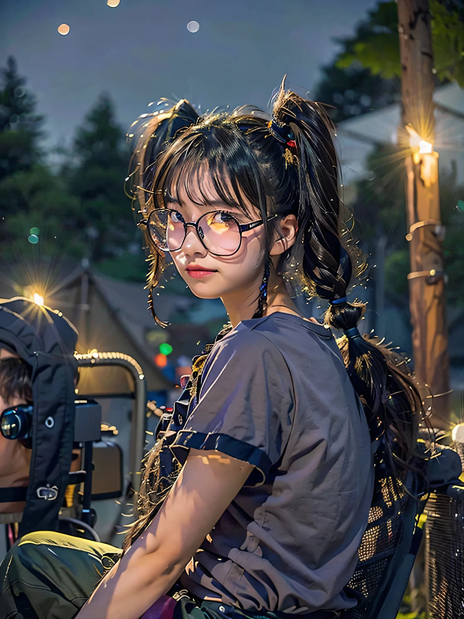 Top quality, 1 beautiful woman, ((Twintails)), wearing T-shirt, overall, glasses, sitting on chair, 50mm lens, f/1, bonfire, Moonlight, Moody Lighting, (from_behind:1.2), at camp site