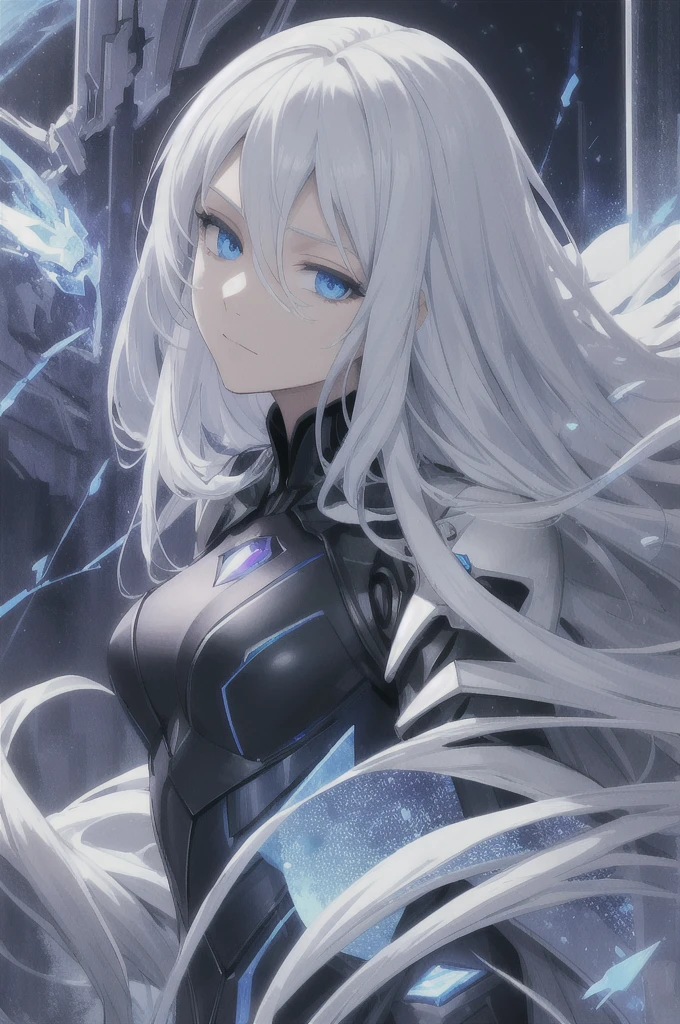 (fantasy:1.4), (anime), ((extremely detailed 8k illustration)), highres, (extremely detailed and beautiful background), ultra detailed painting, professional illustration, Ultra-precise depiction, Ultra-detailed depiction, (beautiful and aesthetic:1.2), HDR, depth of field, (girl), noble, (highly detailed beautiful face and eyes), pale skin, perfect body, ahoge, white hair, (absurdly long hair:1.2), blue eyes, , flat chest, expressionless eyes, dark castle, dark clouds, blue and purple sky, futuristic, armored, black and blue bodysuit, glow, blue aura, cold attitude, half-closed eyes, torn cloak, exoskeleton, blue corruption, glowing eyes, solo, evil, villain, blue energy, electricity, inner blue hair, hair between the eyes