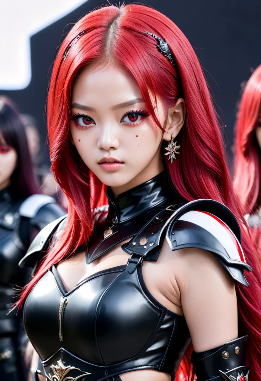 Jennie blackpink in black armor with red white hair and red eyes