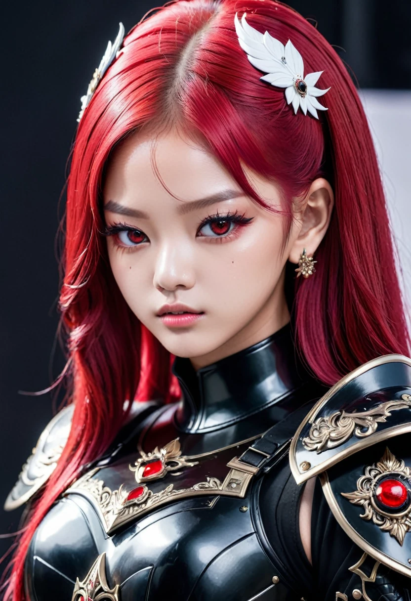 Jennie blackpink in black armor with red white hair and red eyes 