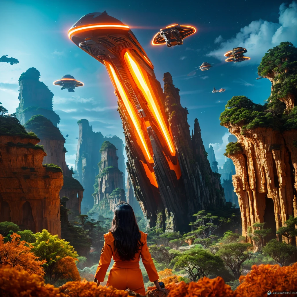 Create an 4D realistic image of a futuristic scene where a beautiful woman with long black hair in an orange futuristic outfit, stands in a lush rock, vibrant jungle. Above, large, detailed cargo spaceships hover amidst towering rock formations under a dark blue sky. The juxtaposition of advanced technology and pristine nature creates a striking and thought-provoking tableau. 

