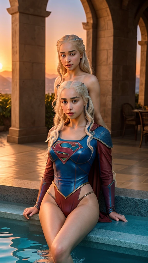 Fermer, photo brute de Daenerys Targaryen, very detailed, station artistique, lisse, Sharpness, 8K, tendance sur Instagram, tendance sur tumblr, hdr 4k, 8K, sexy supergirl outfit, pool, sunset, huge breast:1.5, sitting on chait with open legs