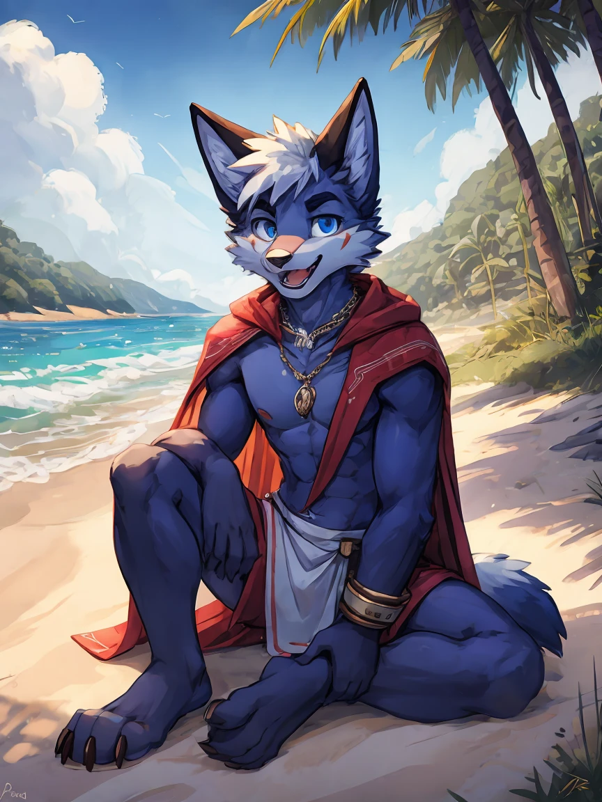 teenanger,solo,freshmen,young people,white hair, nipples,fox, blue eyes, masterpiece, blue fur, clean face, blue necklace, thick eyebrows, detailed eyes, anthro, claw, white headband,white hands,white feet,white cape,outdoor,open mouth,looking at viewer,necklace,wrist guard,seaside,white loincloth,trees,full body,sit