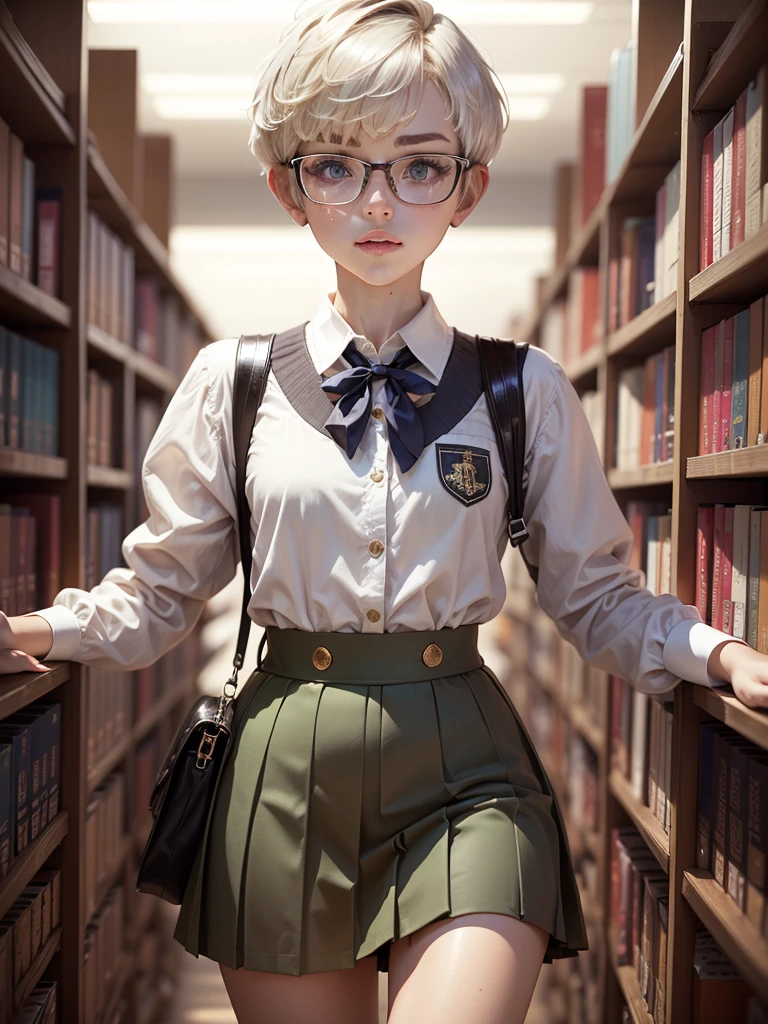 1girl, elegant bearing, small, slender build, short height, narrow shoulders, pale skin dotted by freckles, short platinum blonde hair, (((pixie cut hairstyle))), (((boyish hair))), (dark green eyes), silver glasses, cute facial features with an underlying elegance, thin lips, small breasts, youthful  girl, RAW photo, ((slim body: 1)), (HQ skin: 1.4), 8k uhd, dslr, soft light, high quality, ((school uniform, white clothes, gold accents, (looking at viewer:1.4), library