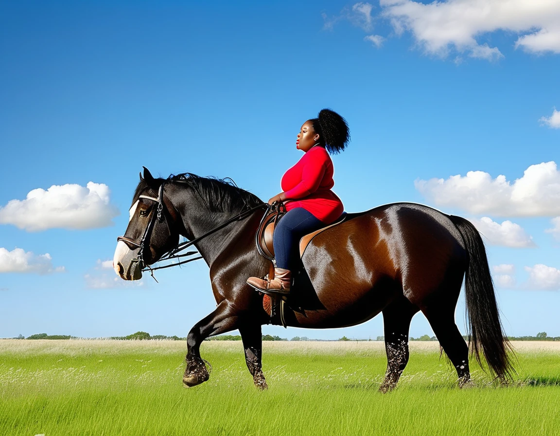 African woman (very full figured  black skinned ) nude.  riding big black shire horse. big bum. .a very full figured very black skinned nude African woman riding a big fat  Belgian draft horse mare (rear view). big bum. very short tail raised high. horse facing horizon . flat grass meadow. steaming horse dung behind horse. cloudless blue sky., black hair, short ponytail, dilated pupils, smelling, open mouth, high detail, depth of field, UHD, masterpiece, anatomically correct, accurate, super detail, highres, 16k meadow.  cloudless blue sky. 