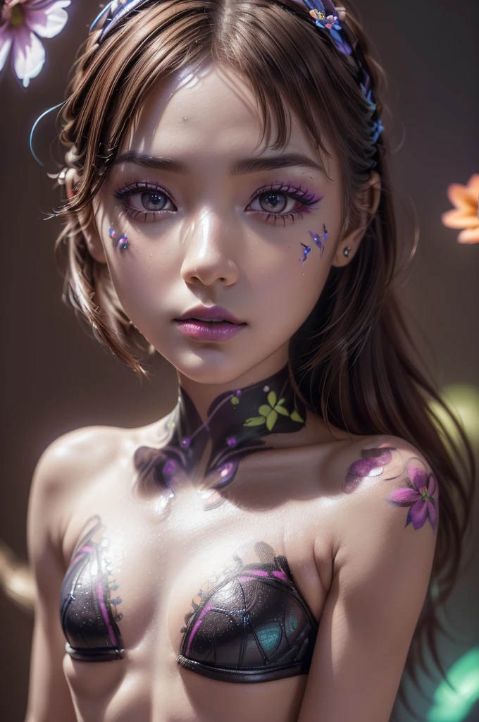 ((portrait of a girl in the dark, ultraviolet light on her)), ((Glowing 3D objects interact with graphics，Super detailed illustrations))，photorealistic Realism 8K, 16K Quality, fashion supermodel, (Glamour, paparazzi taking pictures of her), (ultra absurd quality, extremely detailed detail, hyper resolution, clear sharp focus, not blurry, (perfect round, Realistic brown eyes:1.25)), ((perfect dark_eyeshadows)), (super Detailed, beautiful little nose), (perfect composition), (((creative spring flowers uv portrait glowin neon body art painting:1.25))), (((fluorescent flower clusters printed on her skin: 1.22))), ((fluorescent paint whole body:1.4)), ((A model shows off glowing body paint covering her private parts in a vivid artistic display))),
